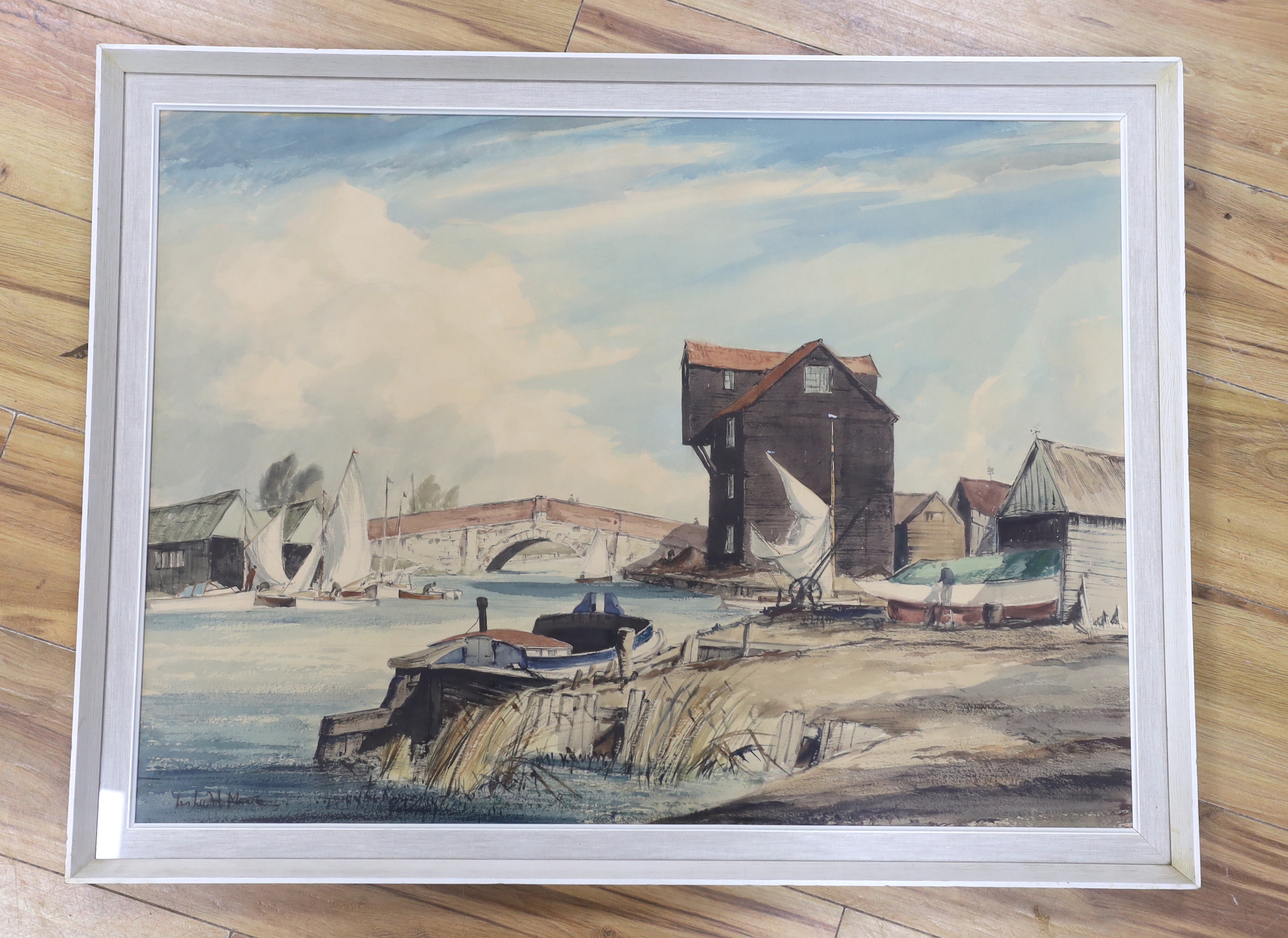 Leslie H. Moore (1907-1997), watercolour, Easter Wroxham Bridge, Norfolk, signed, inscribed Royal Institute of painters in watercolours label verso, 54 x 74cm